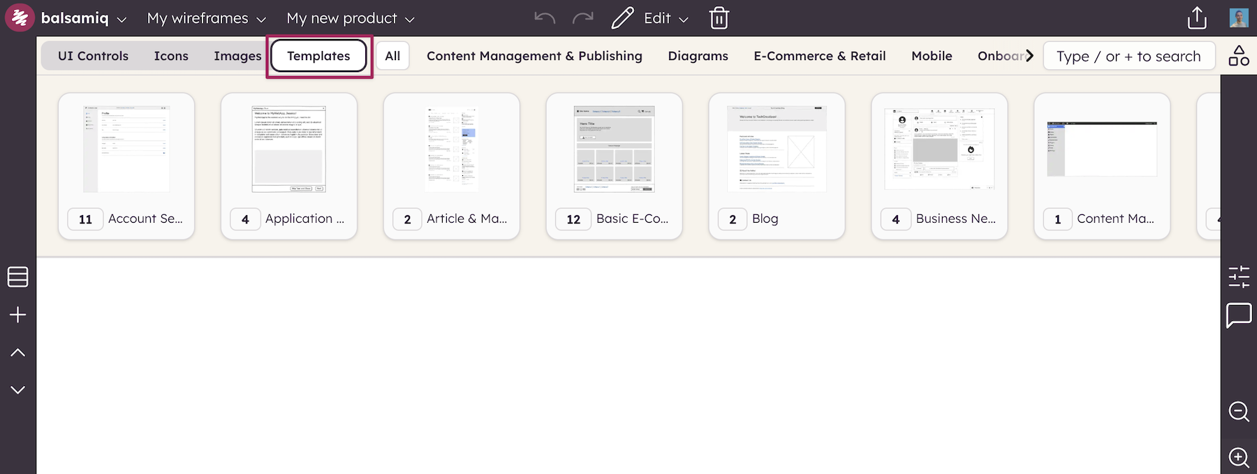 Templates section of UI Library in Balsamiq, showing categories of ready-made layouts for different project types.