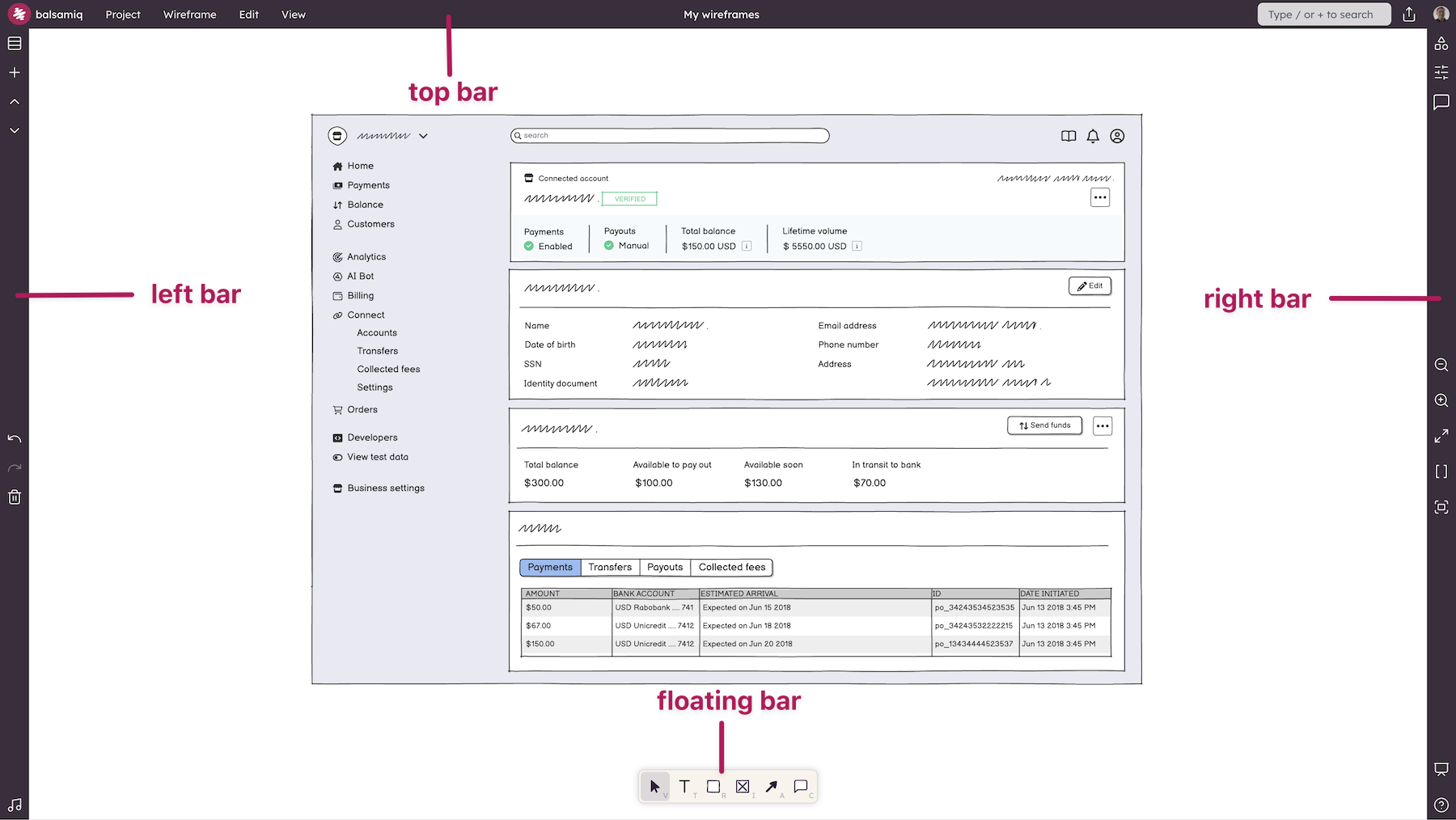 Balsamiq editor with labeled top, left, right, and floating toolbars for navigation and wireframe editing.