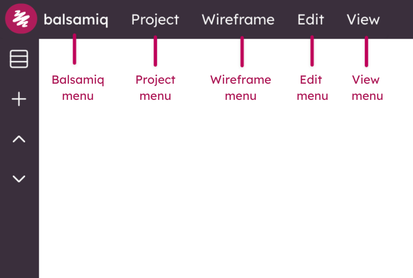 Top bar of Balsamiq editor with labeled menus for project, wireframe, editing, and viewing options.