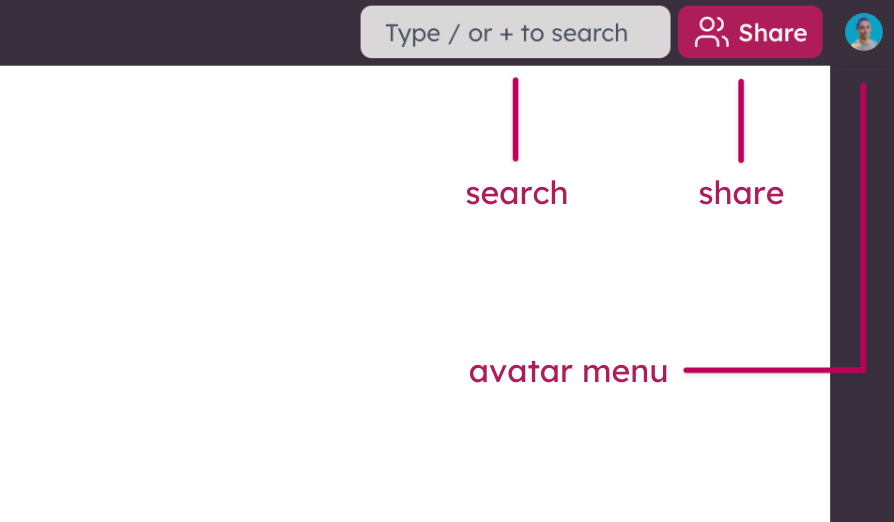 Right side of top bar with labeled search, share, and avatar menu options in Balsamiq editor.