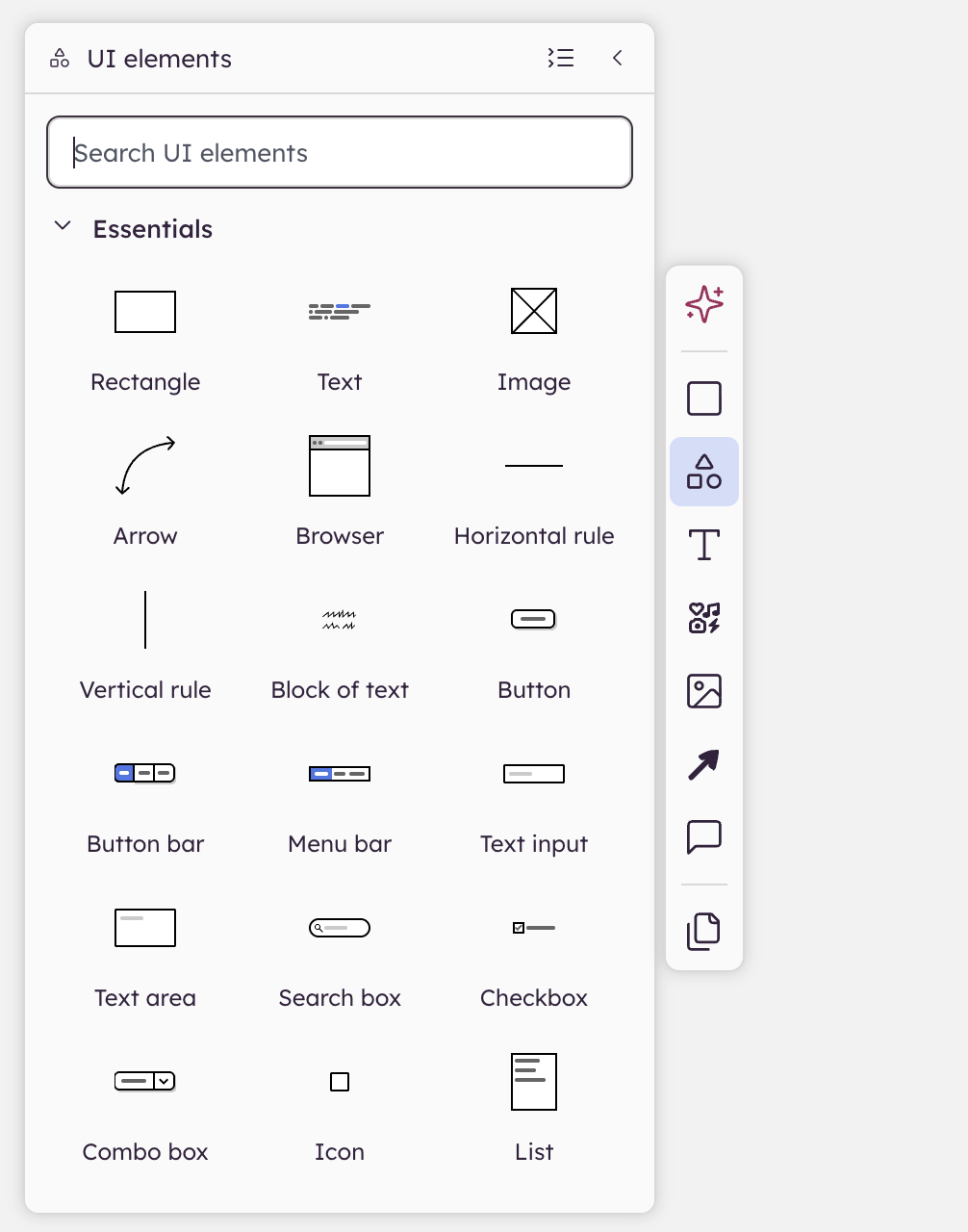 UI elements panel in Balsamiq showing “Essentials” elements like buttons, checkboxes, and comment notes for wireframe creation.