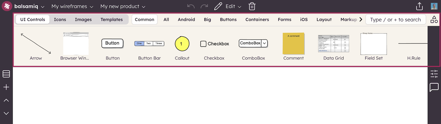 UI Library in Balsamiq showing “Common” controls like buttons, checkboxes, and comment notes for wireframe creation.