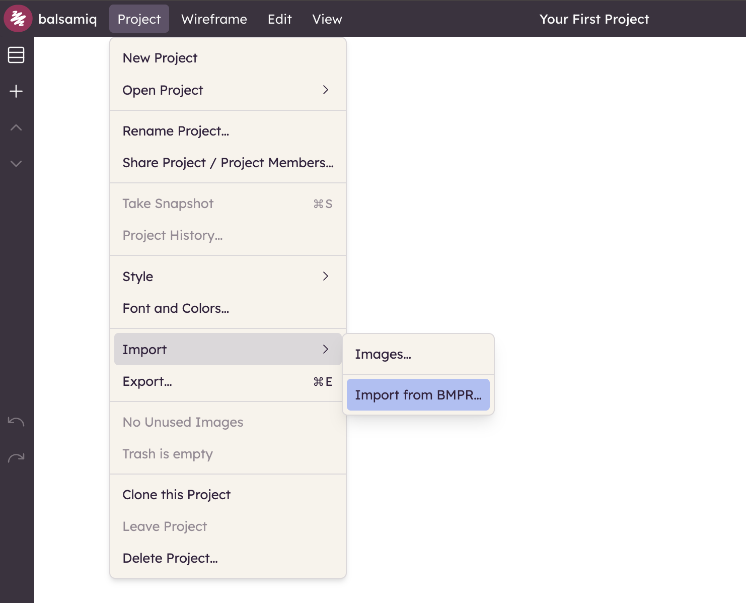 Project menu: use Import to add images or BMPR files from other Balsamiq versions.