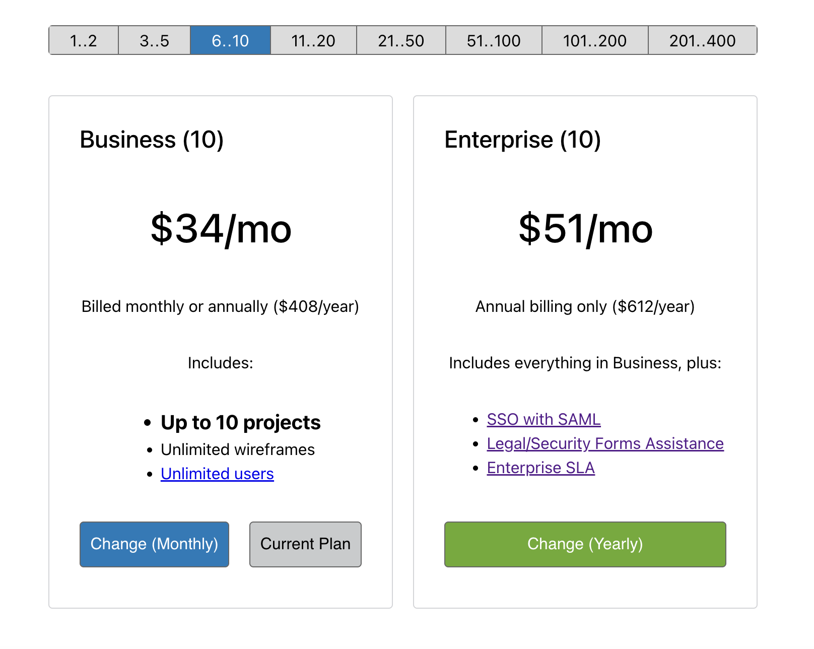 Balsamiq Cloud subscription plans comparison: Business $34/mo, Enterprise $51/mo