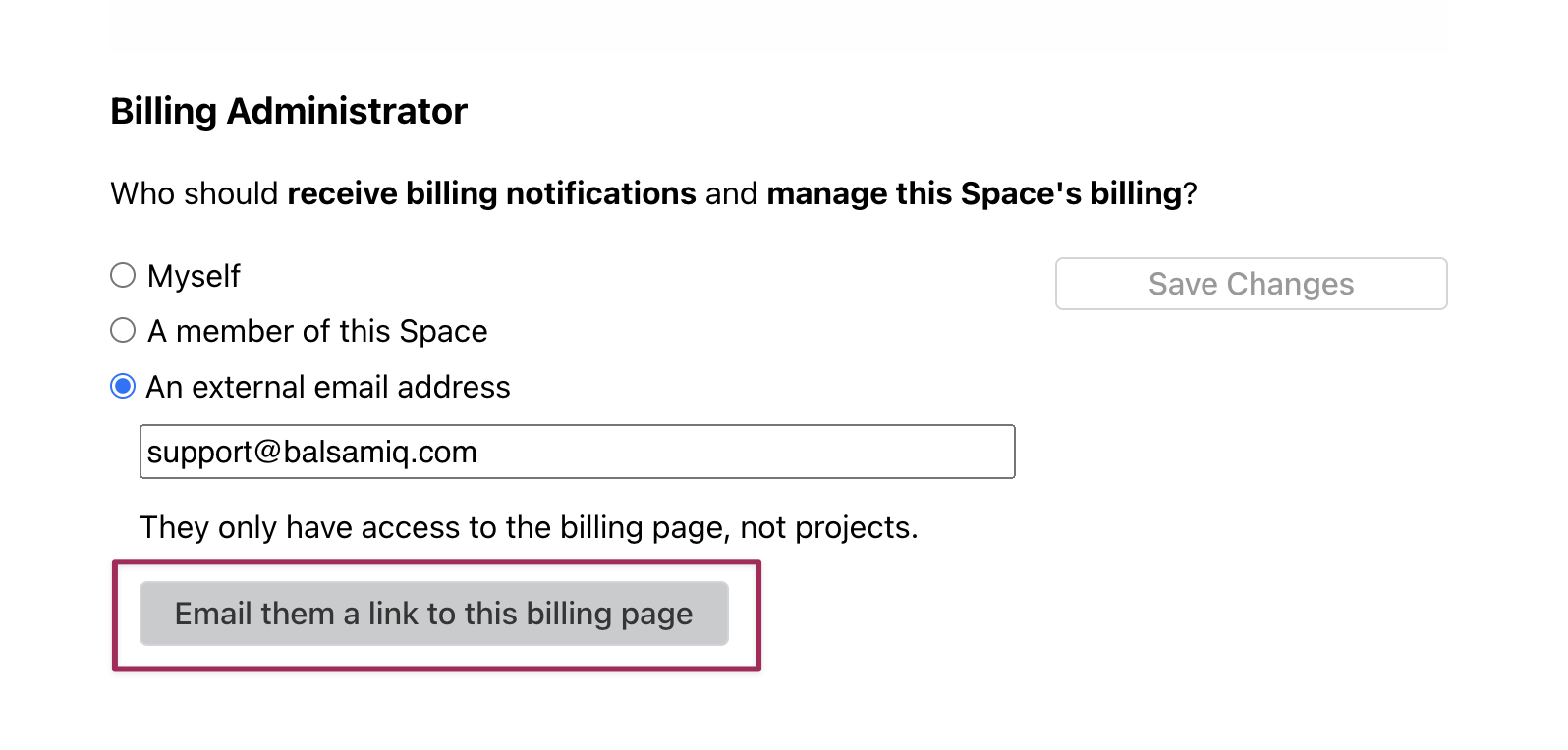 Billing Admin settings showing button to email billing page link to external administrator