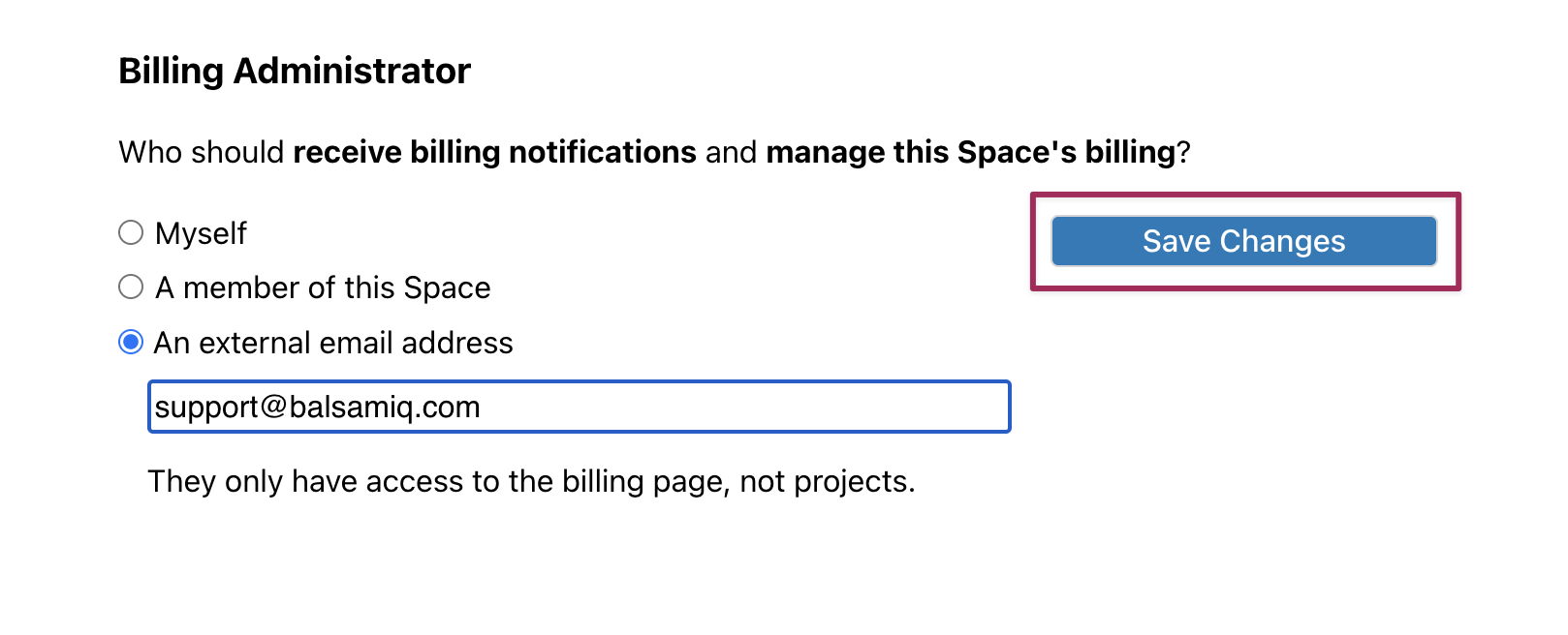 Billing Admin settings with external email option and Save Changes button highlighted