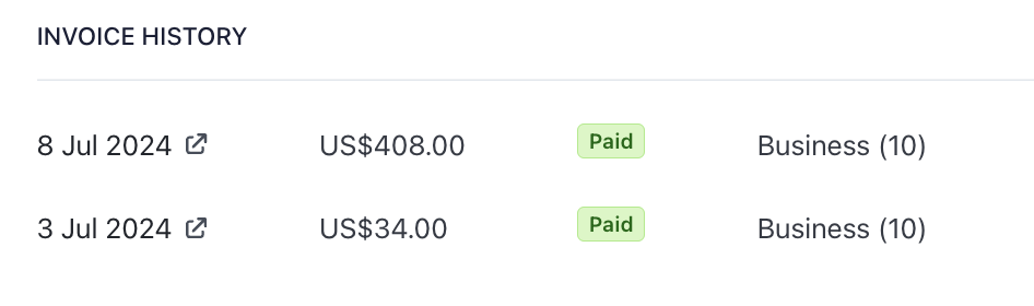 Invoice history showing paid subscriptions with amounts and dates listed
