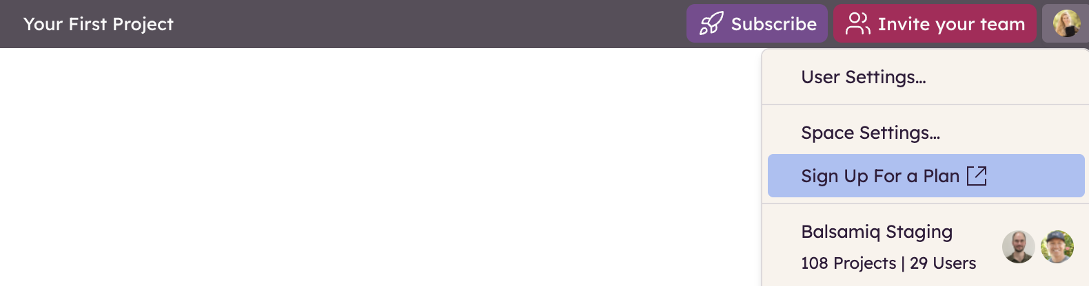 Menu showing Subscribe and Sign Up for a Plan option to start a Balsamiq Cloud subscription