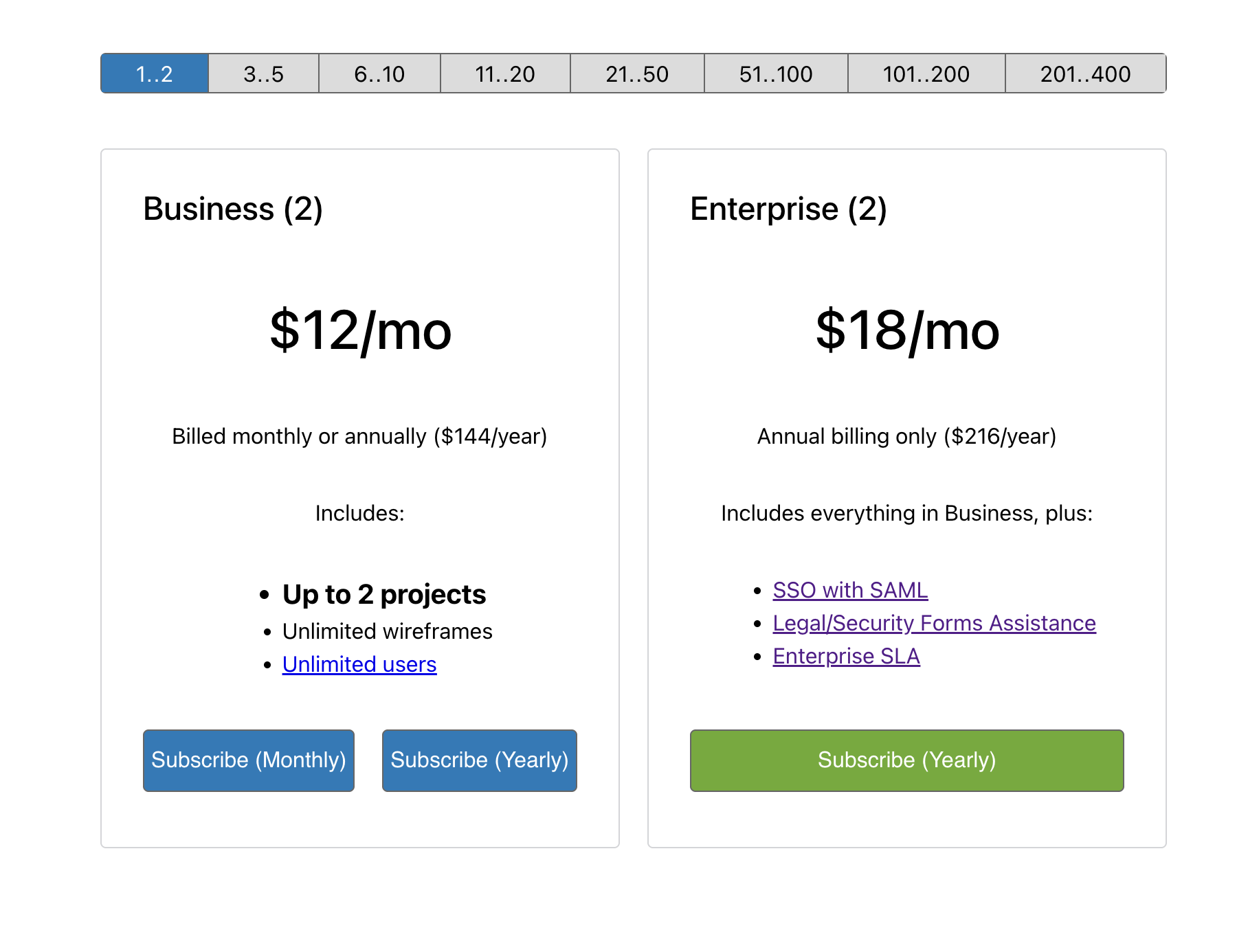 Balsamiq Cloud subscription plans comparison: Business $12/mo, Enterprise $18/mo