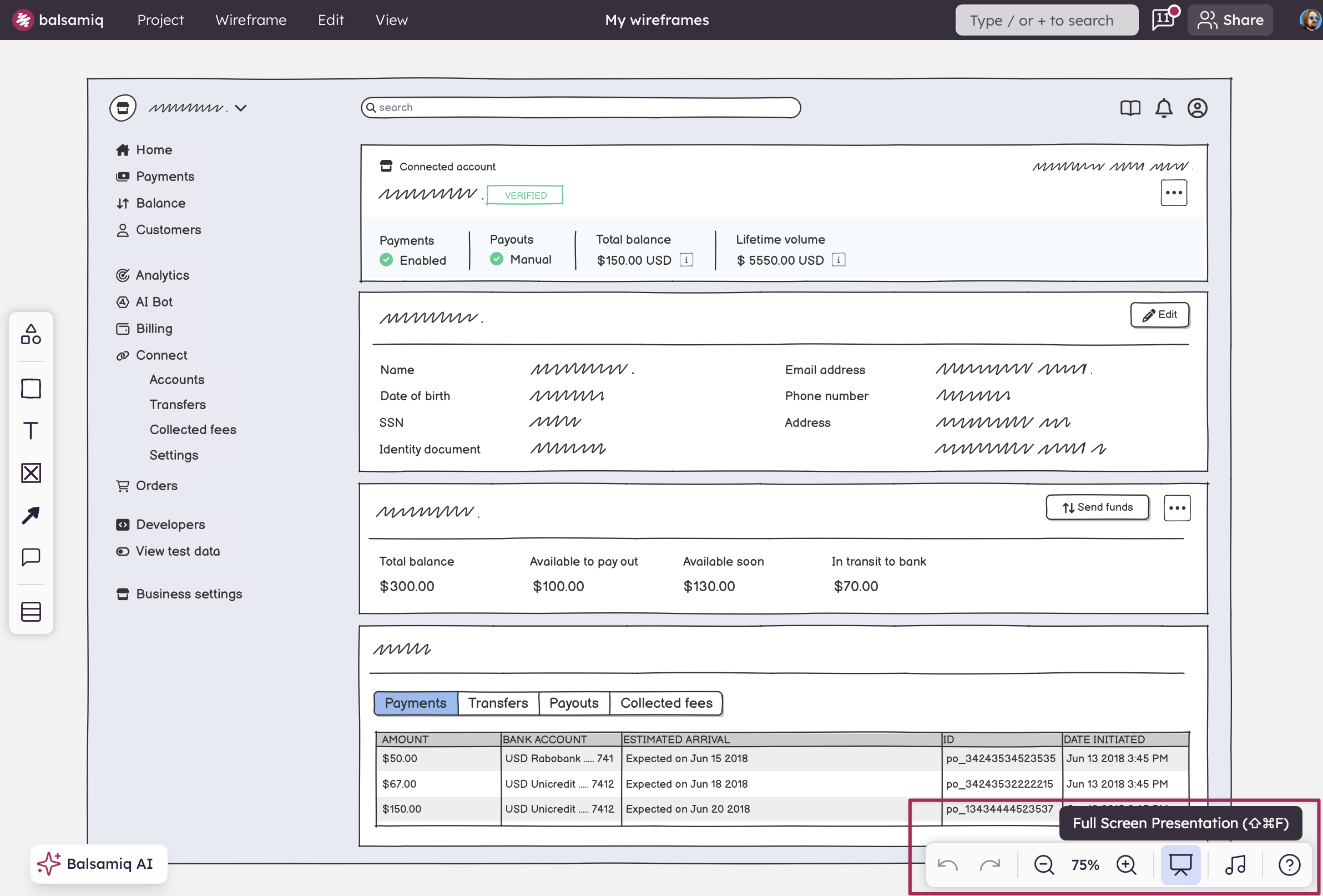 Click the screen icon in the right bar to enter Full Screen Presentation mode for interactive wireframe sharing