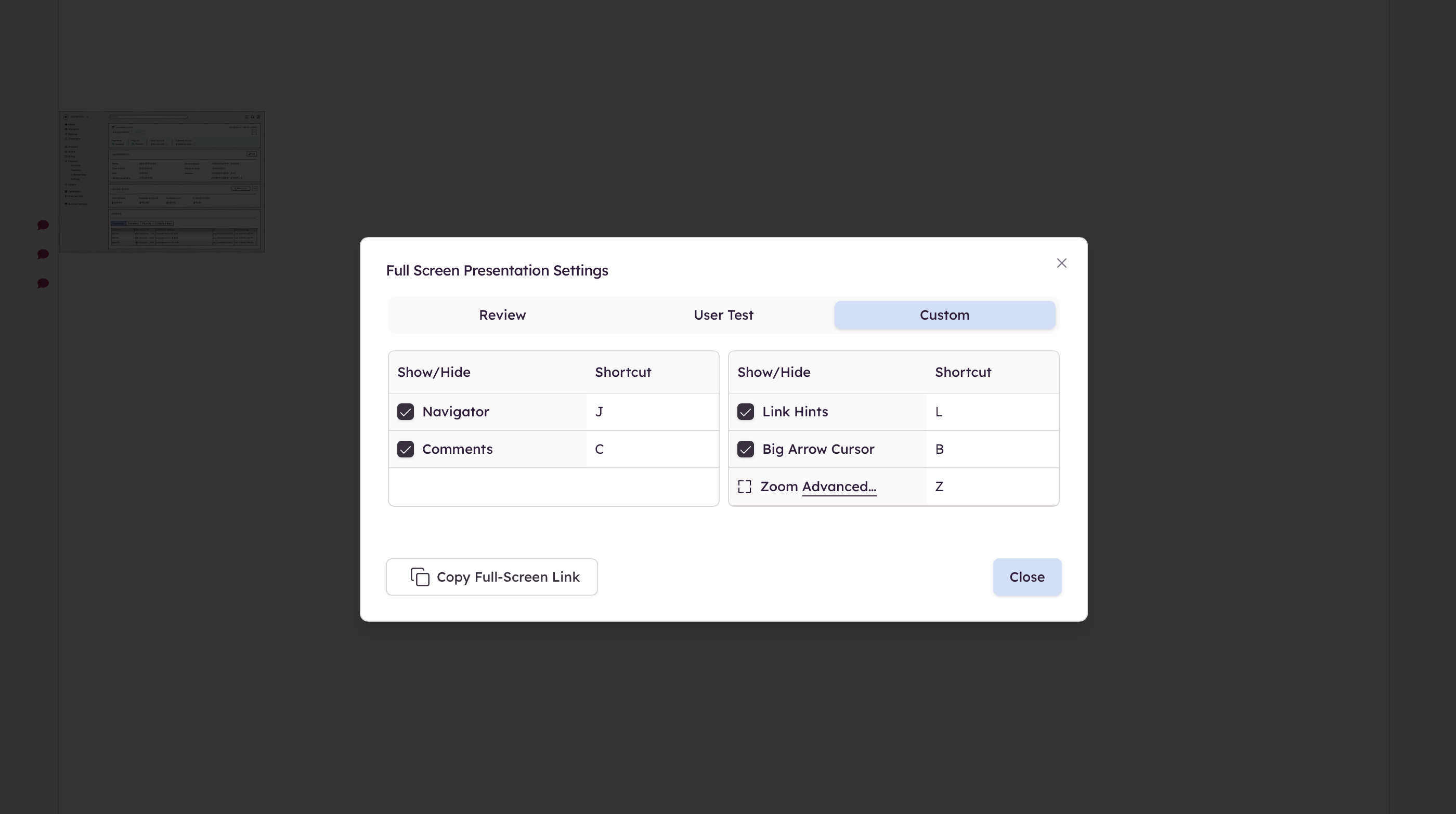 Customize Full Screen Presentation settings