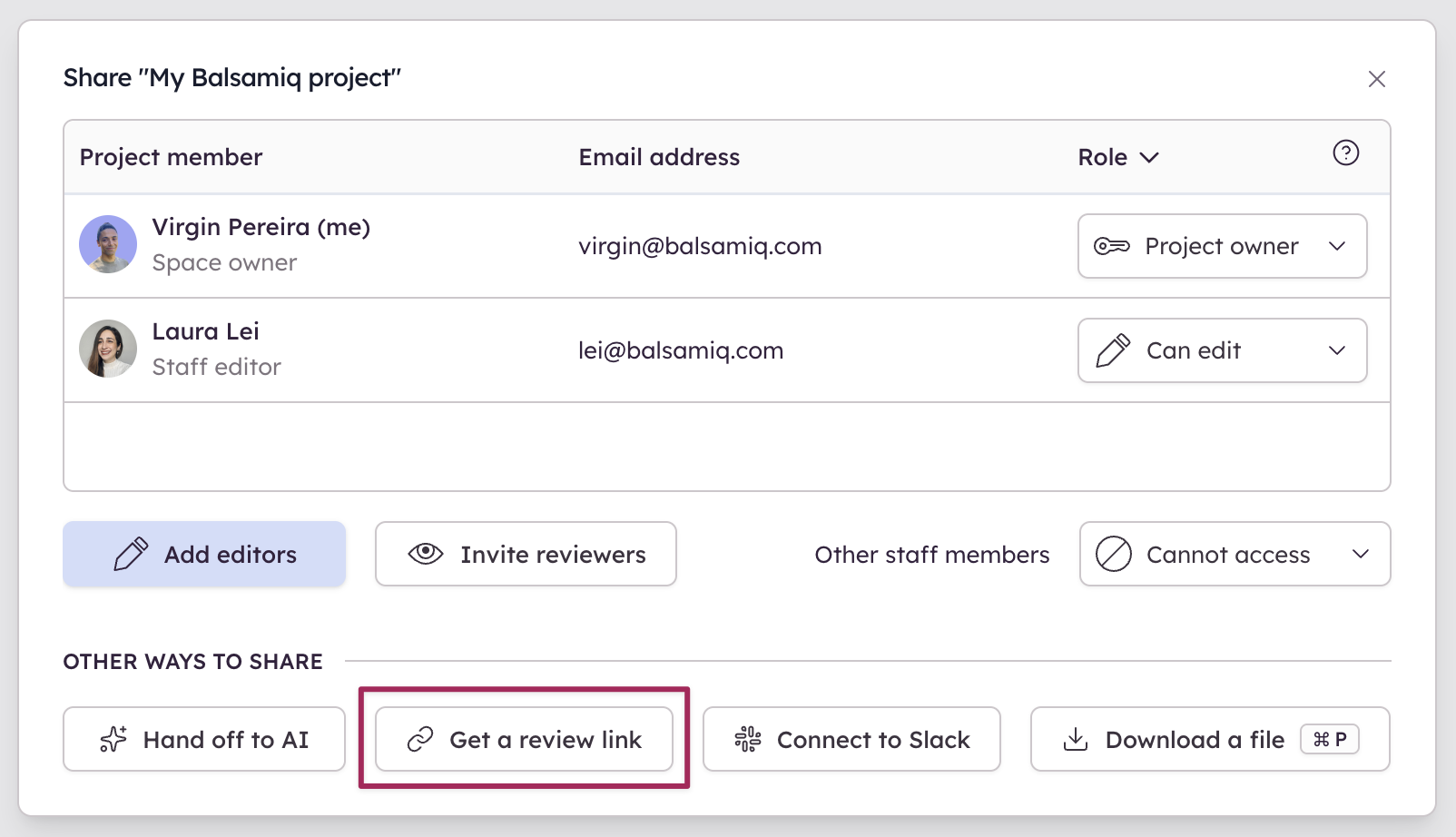 Enable public reviews in Balsamiq to let anyone with the link view and comment on a project without login