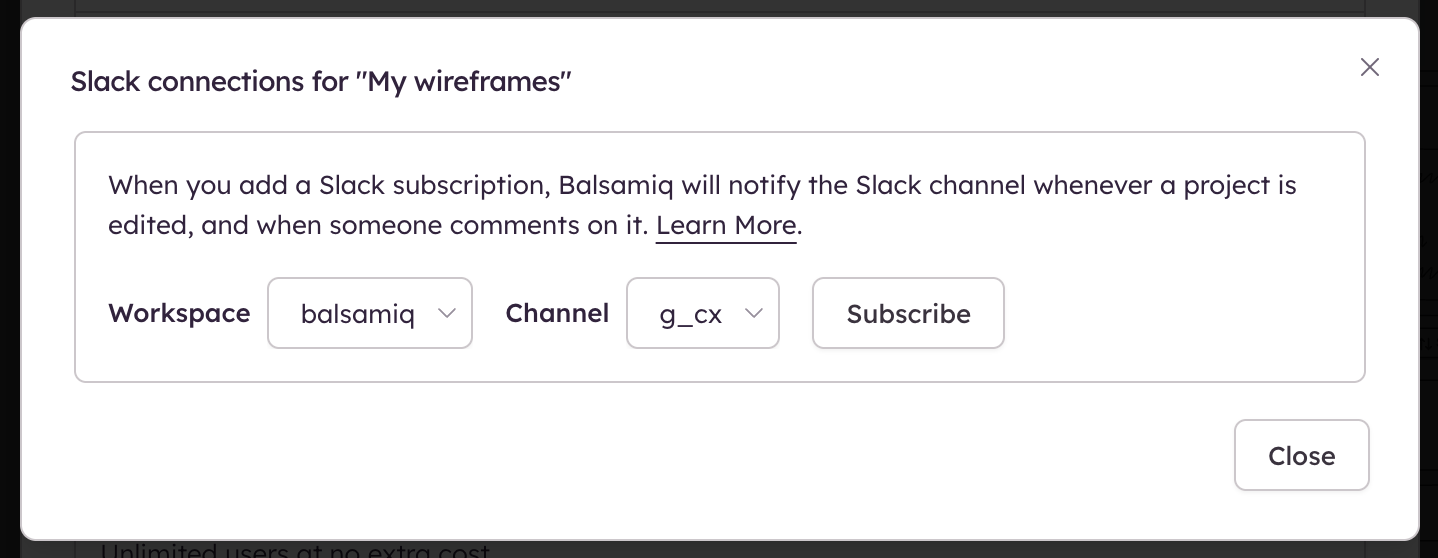Slack subscription setup dialog with options to select a workspace and channel for project notifications.