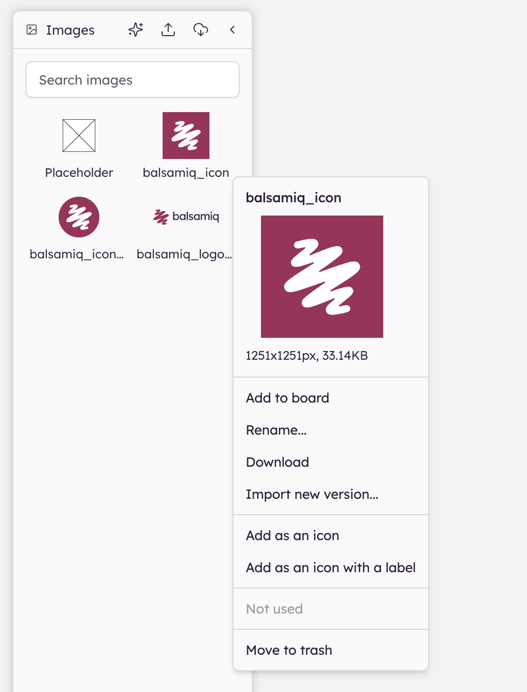 Right clicking on an image in the Images panel allows you to manage it via context menu