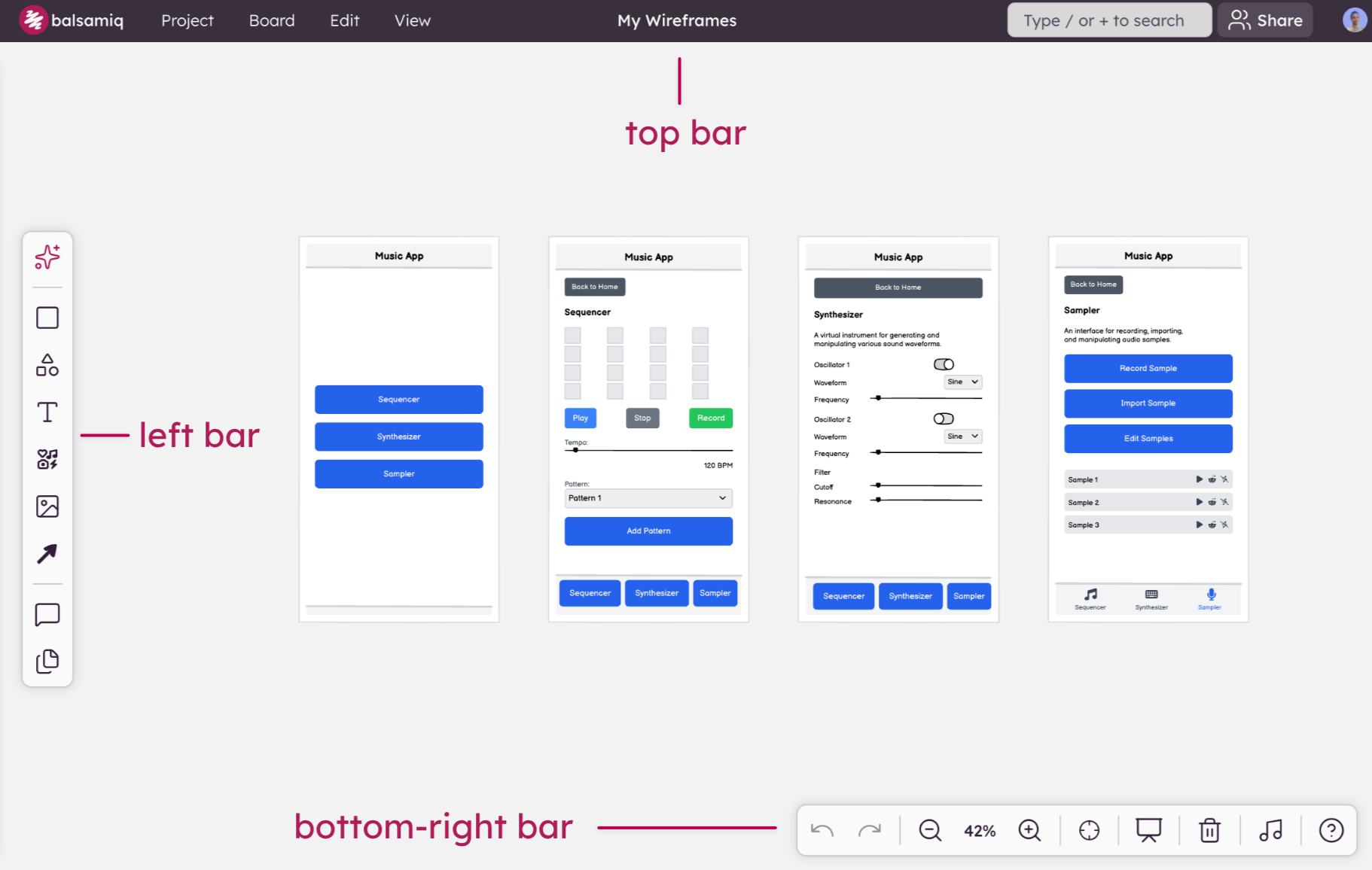Balsamiq editor with labeled top, left, and bottom-right toolbars for navigation and wireframe editing.