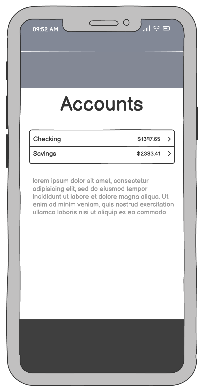 Account list showing balances: Checking $1397.65 and Savings $2383.41 with drill-down arrows.