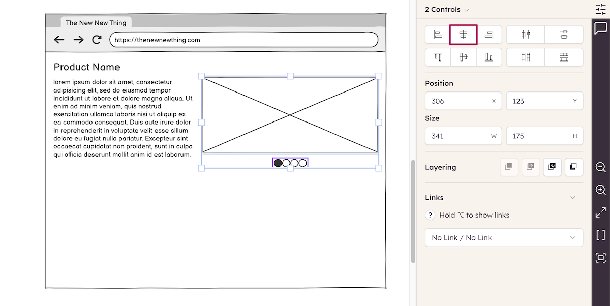 Image placeholder and carousel dots aligned using the Property Inspector.