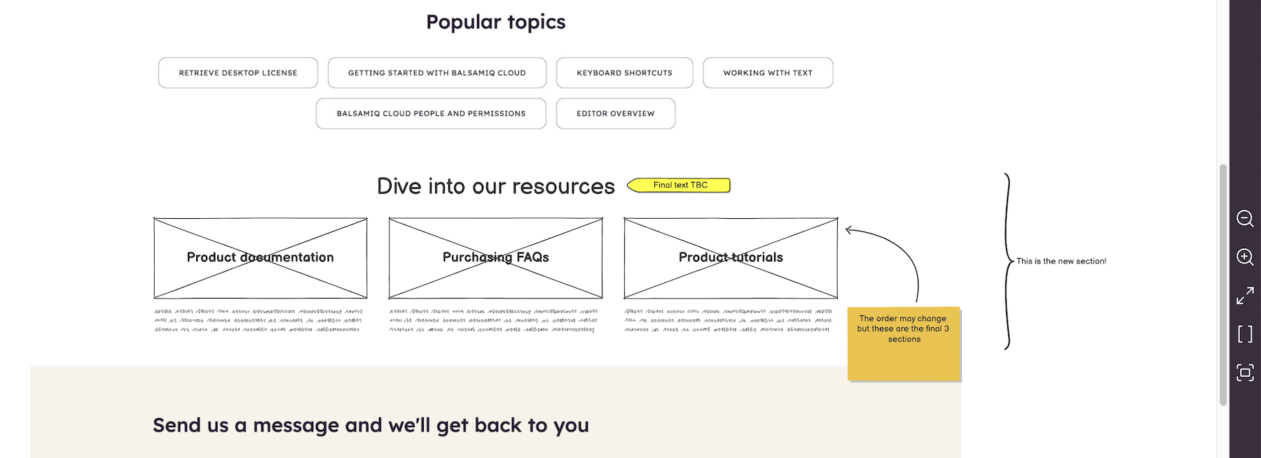 Wireframe showing new “Dive into our resources” section with links for documentation, FAQs, and tutorials.