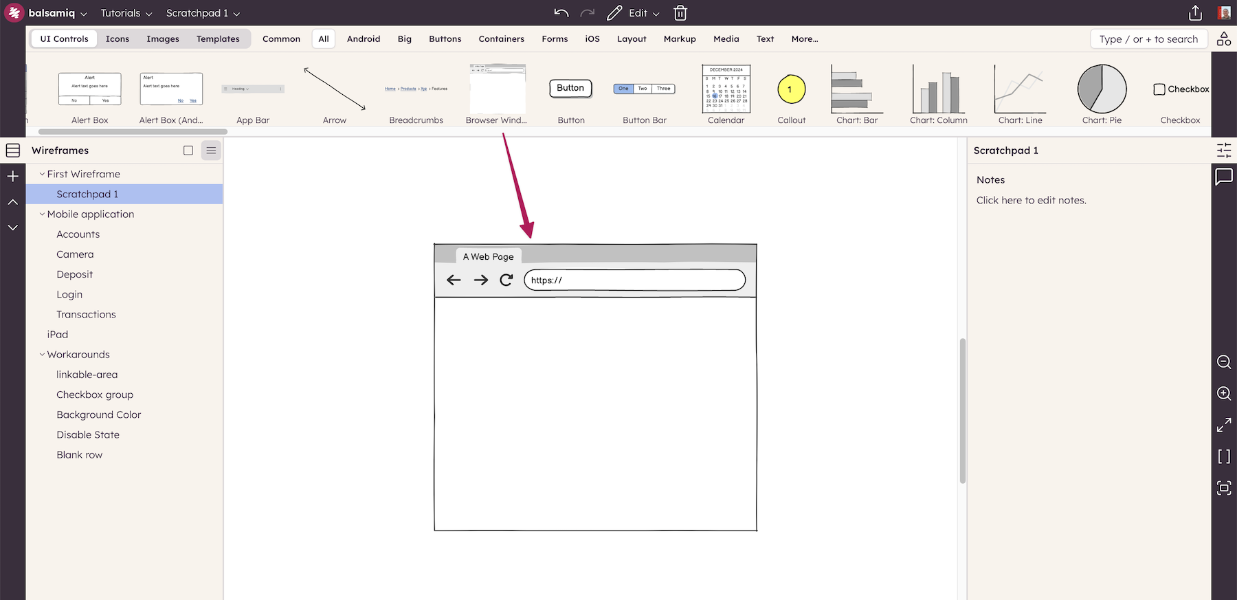 Dragging a Browser control from the UI library onto the canvas.