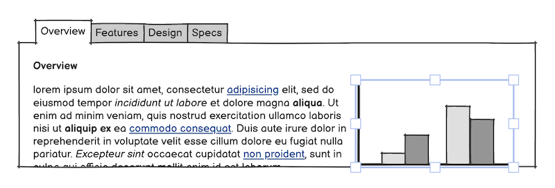 Wireframe with Overview tab content, placeholder text, and a column chart on the right.