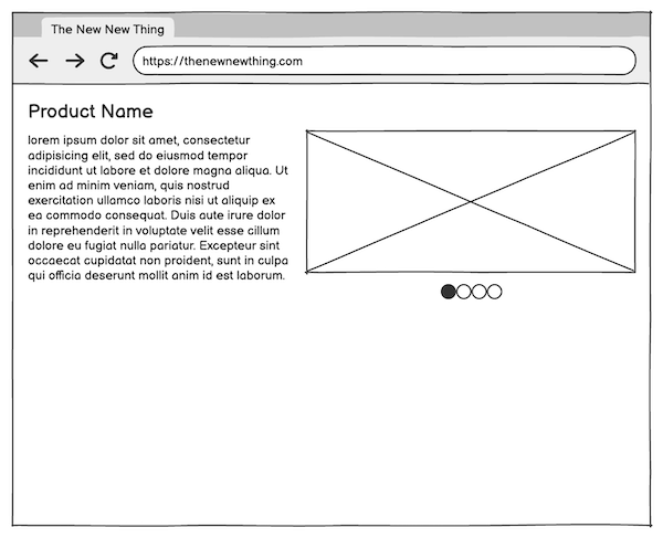 Wireframe with product name, image placeholder, and four carousel dots below.