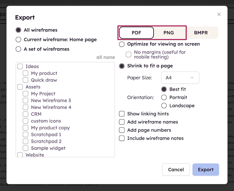Configure full-screen presentation settings and copy a shareable link for user testing or reviews.