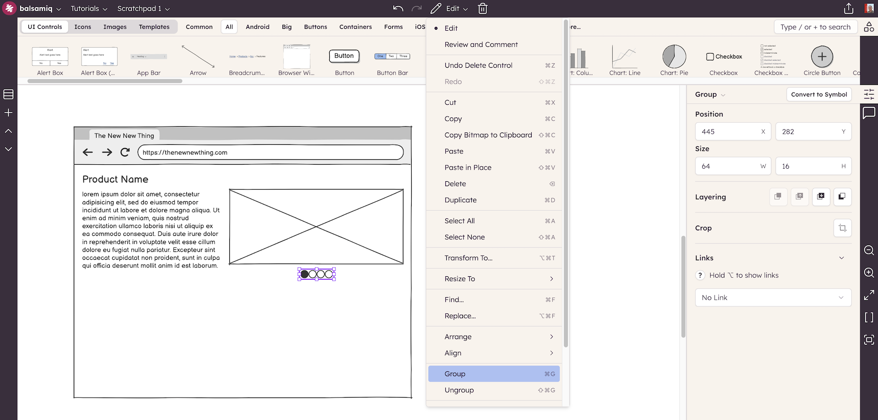 Context menu open with Group option selected for carousel dots below image.