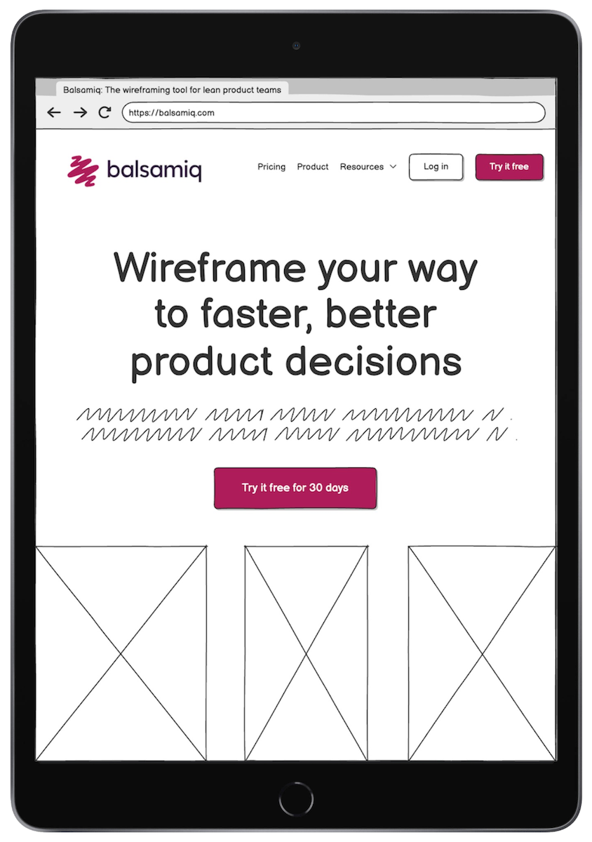 iPad wireframe with Balsamiq website design mockup displayed on screen.