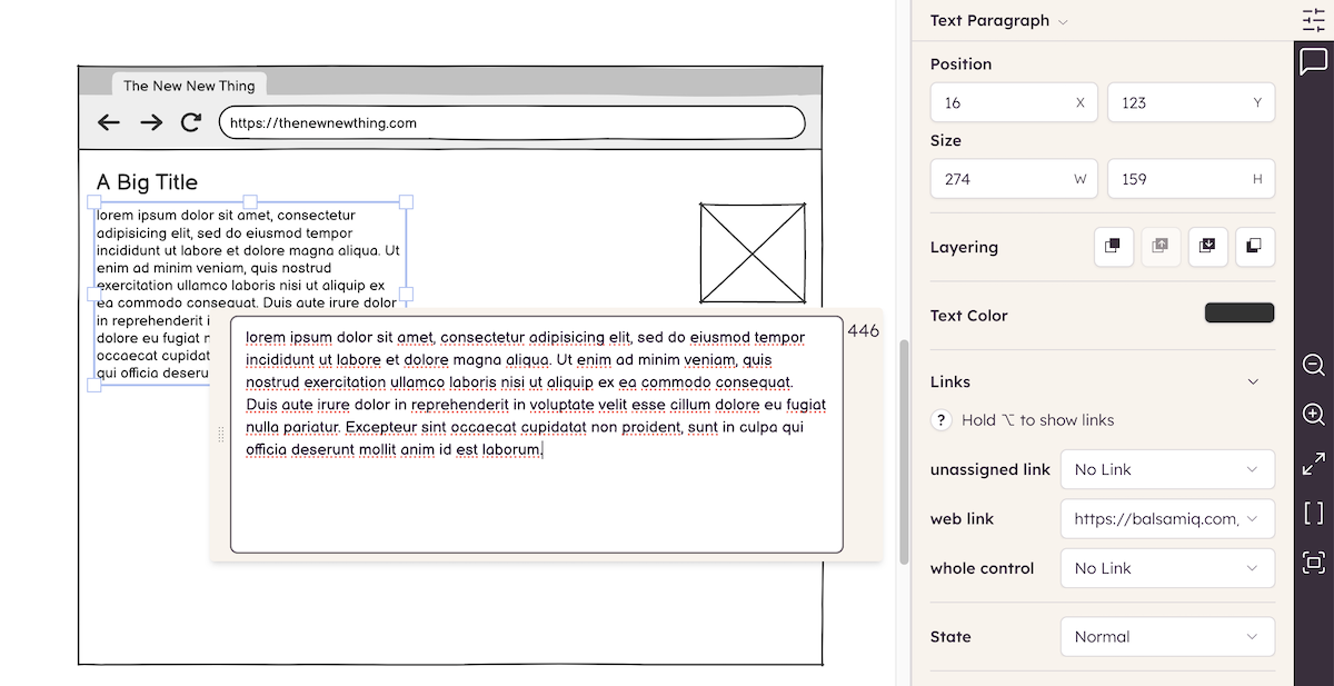Editing placeholder paragraph text inside the browser wireframe.