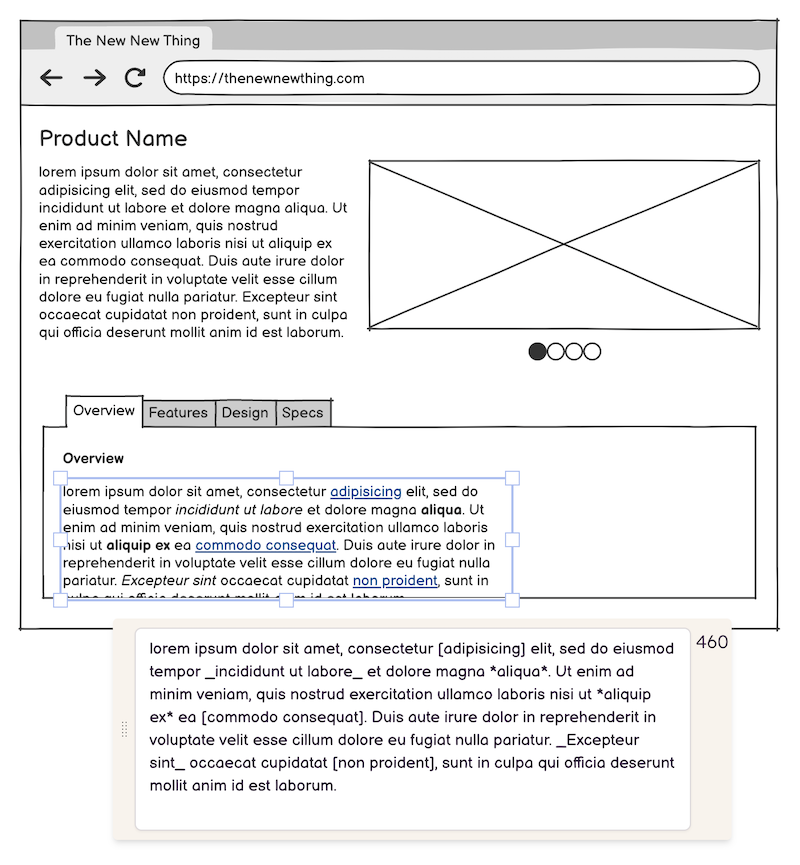 Editing text in the Overview tab of the wireframe with formatting for bold, italics, and links.