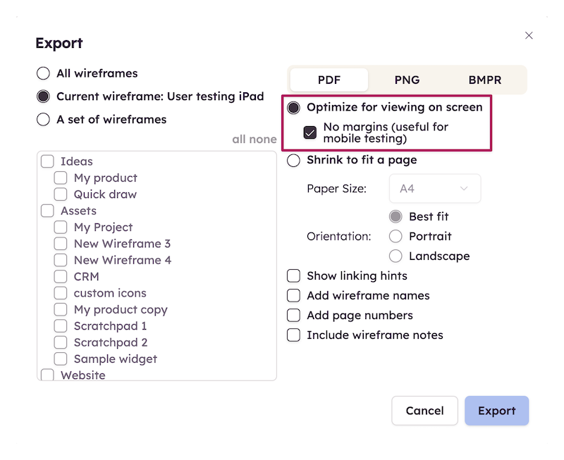 Export dialog with “Optimize for viewing on screen” and “No margins” selected