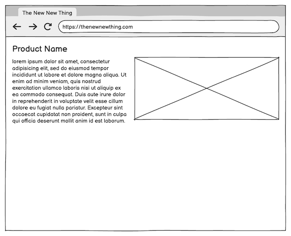 Wireframe with product name text and large image placeholder beside it.