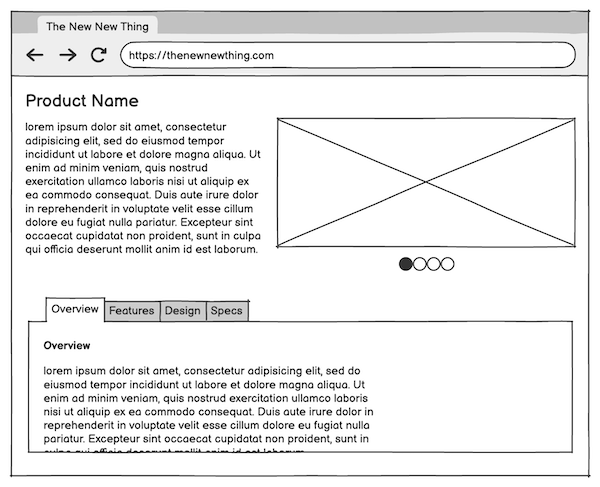 Wireframe with product page showing title, text, image placeholder, tabs, and overview section.