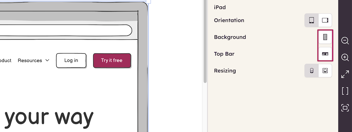 Property Inspector showing iPad control settings with Top Bar turned off.