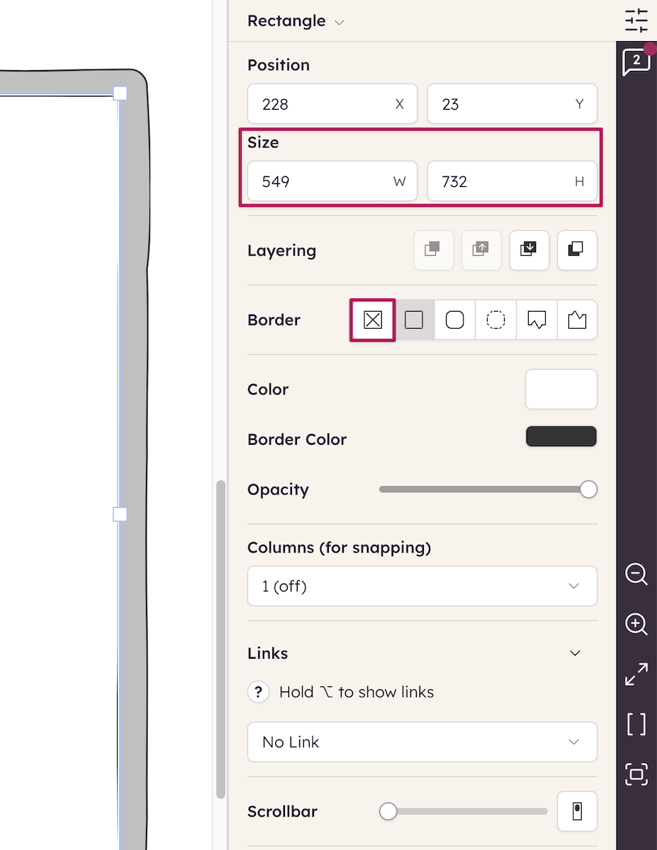 Property Inspector showing rectangle control size set to 549x732 and no border.