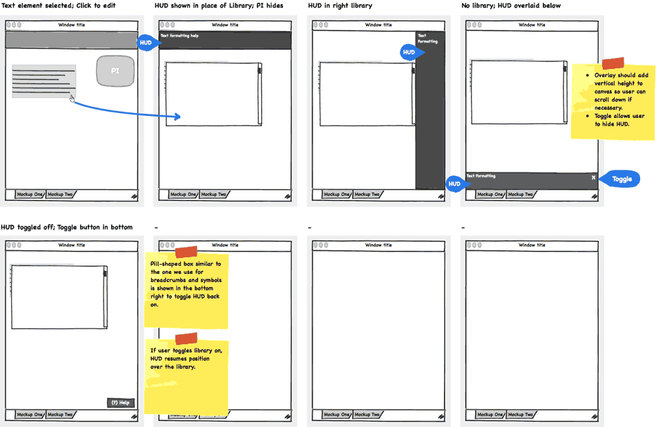 Show interaction flow in wireframes with toggles and state changes.