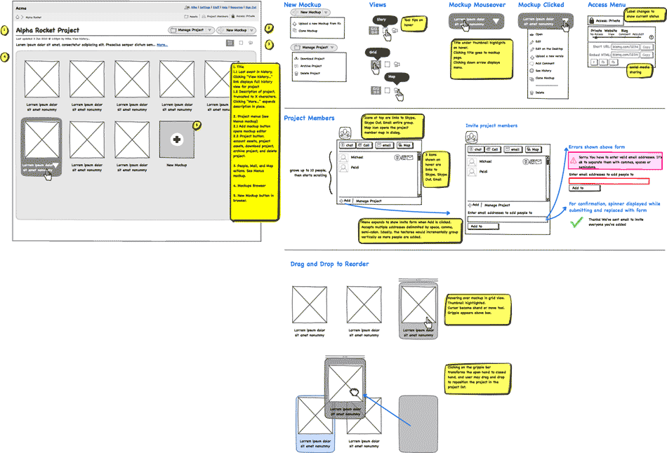 Annotate wireframes with notes and errors to guide project use.