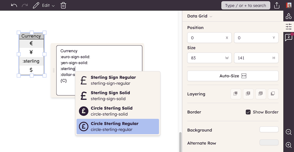 Currency data grid with drop-down menu open, showing options for different sterling sign icons to insert.