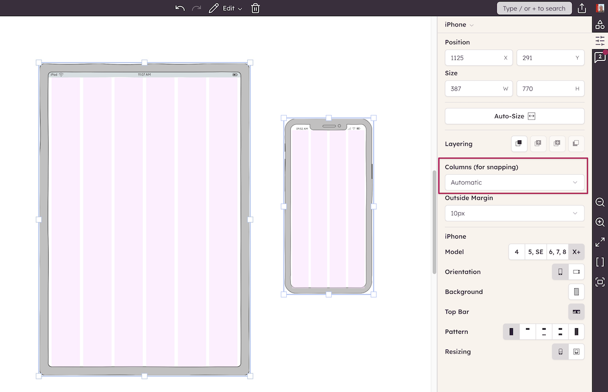 Apply automatic column layouts to mobile containers for quick, responsive wireframing.