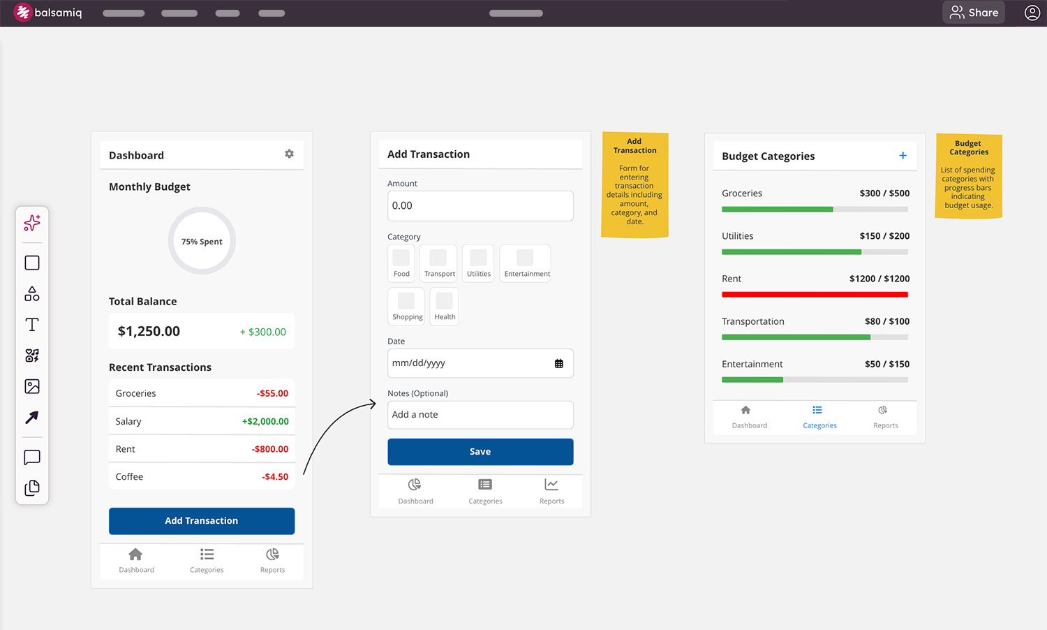 Example of a user flow wireframe created in Balsamiq